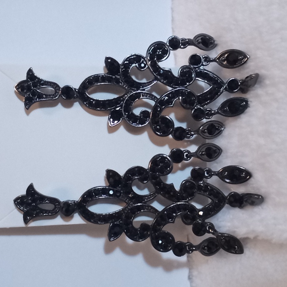 Black chandelier dangle rhinestone earrings